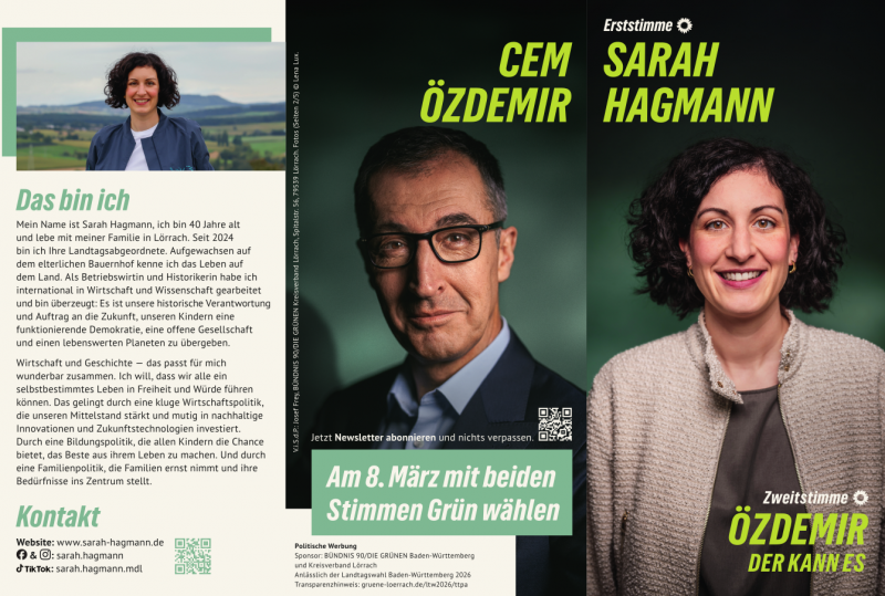 Flyer Sarah Hagmann, Kandidatin für den Wahlkreis Lörrach, LTW2026
