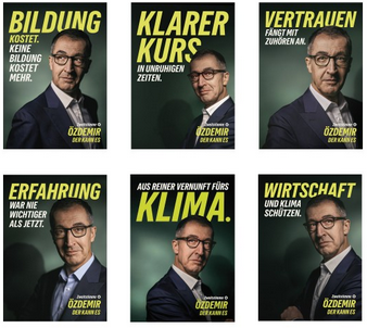 Laternenplakate Cem Özdemir mit den Themen Bildung, Klarer Kurs, Vertrauen, Erfahrung, Klima und Wirtschaft