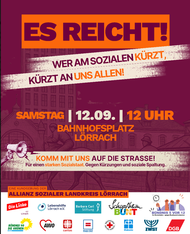 Allianz Sozialer Landkreis Lörrach. Aufruf zur Demo am 12.09.2026 um 12 Uhr auf dem Bahnhofsplatz Lörrach